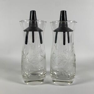 Vintage Clear Floral Etched Glass Salt Pepper Shakers Pull Up Plastic Tops MCM
